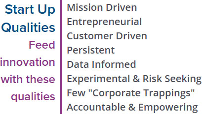 An image that on the left-half reads "Startup Qualities" in large blue letters, underneath it "Feed innovation with these qualities" in smaller purple letters. On the right-hand side it reads a list: "Mission Driven, Entrepreneurial, Customer Driven, Persistent, Data Informed, Experimental & Risk Seeking, Few 'Corporate Trappings', Accountable & Empowering."