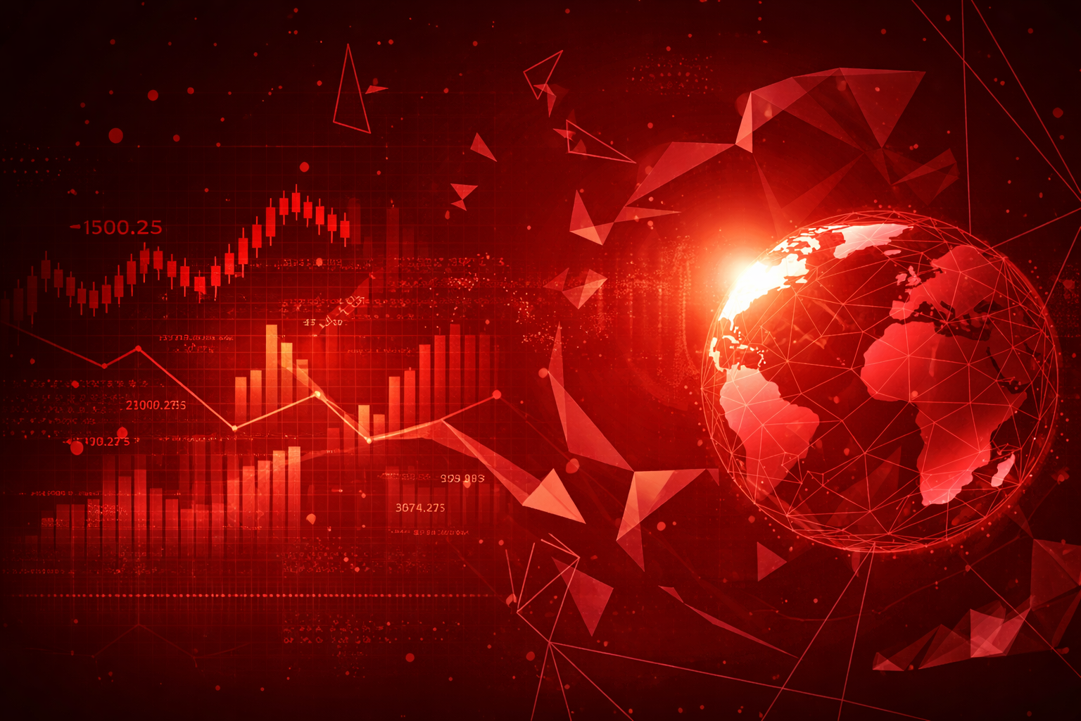 A mosaic of technology arifacts and a globe cast in red