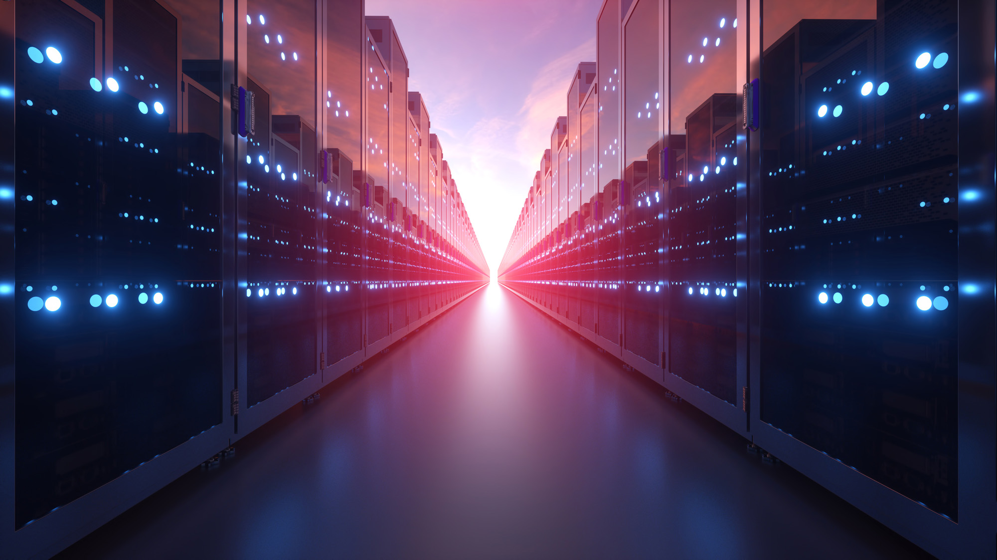 Rows of illuminated datacenter server racks stretching into the distance with blue and red lighting, representing AI infrastructure growth and enterprise Ethernet switching investment.