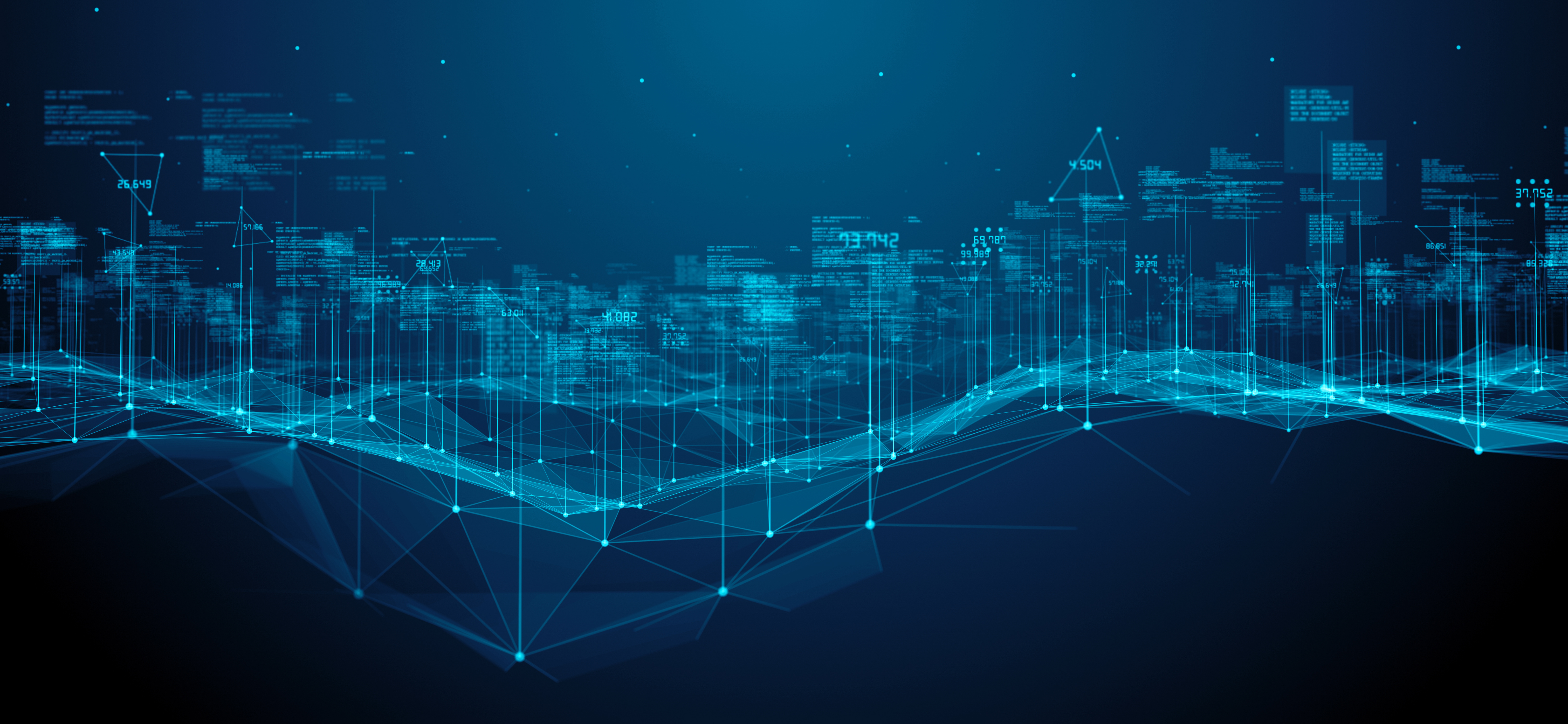 Digital network connectivity visualization showing interconnected data nodes and wireless signal patterns across a blue cityscape background, representing enterprise Wi-Fi infrastructure growth.
